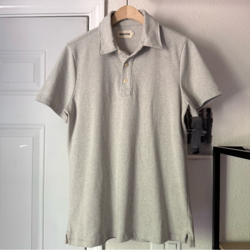 TAYLOR STITCH grey white striped recycled cotton knit short sleeve polo shirt